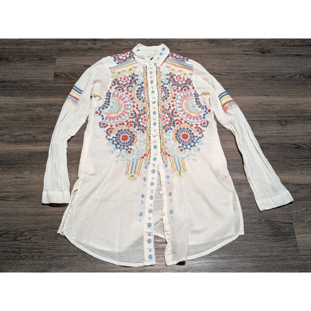 Biya Johnny Was Embroidered Tunic Shirt Ivory‎ Cotton Button Down Womens XS